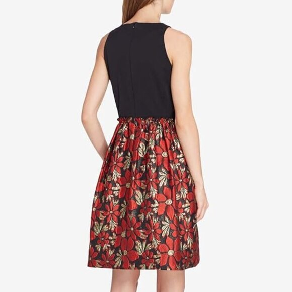 Tahari Metallic Floral Fit-And-Flare Dress Arthur S Levine Faille Black/Red sz16 - Picture 2 of 5